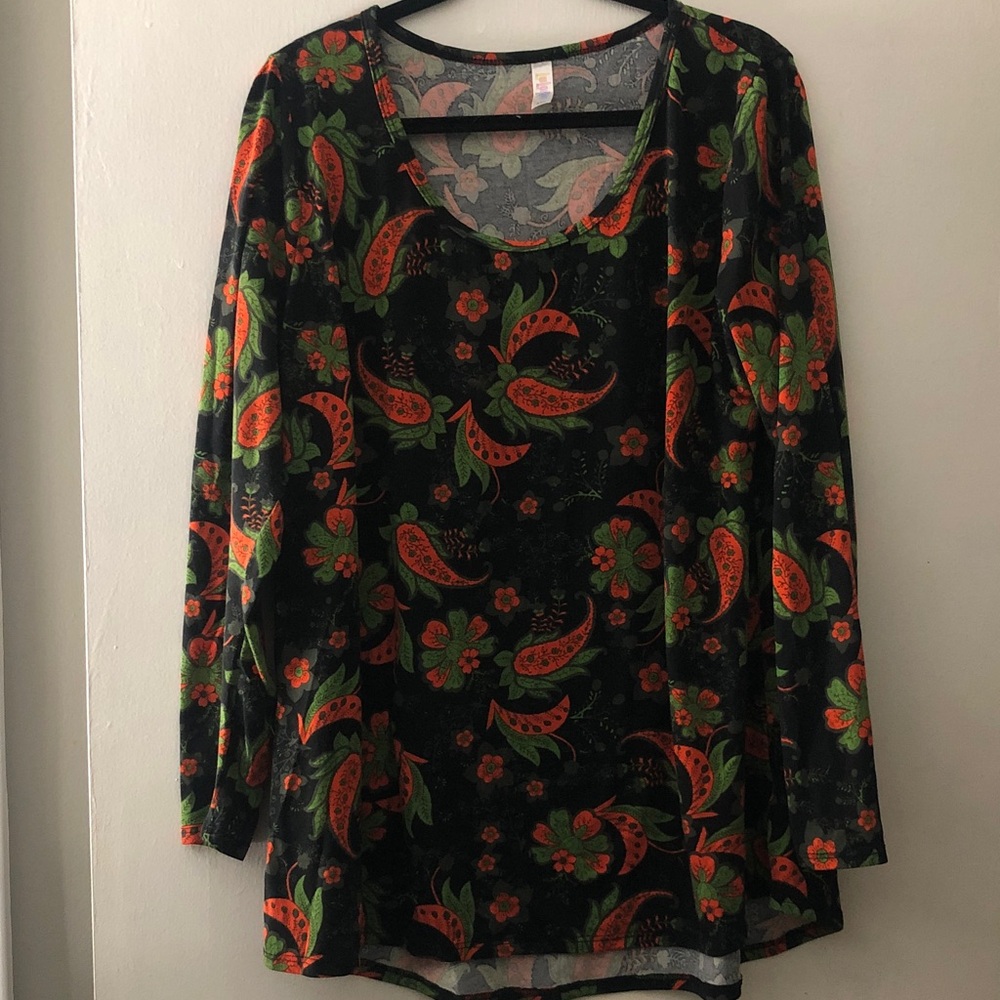 LuLaRoe Black Long-Sleeve Top with Orange Paisley & Green Floral Print